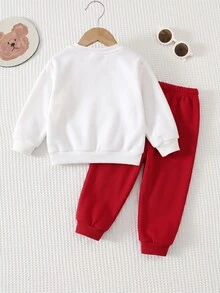 SHEIN Baby Boys Sweatshirt & Sweatshirt Co-Ords Cartoon Bear Pullover Bear Print 3D Hat Suitable For Wearing At Christmas - Red - View 2