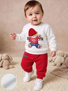 SHEIN Baby Boys Sweatshirt & Sweatshirt Co-Ords Cartoon Bear Pullover Bear Print 3D Hat Suitable For Wearing At Christmas - Red - View 9