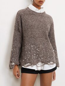 Maija Holiday Urban Brown Autumn/Winter Women's Sweater With Round Neck, Sequin Decoration And Asymmetrical Hem - Brown - View 3