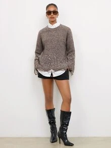 Maija Holiday Urban Brown Autumn/Winter Women's Sweater With Round Neck, Sequin Decoration And Asymmetrical Hem - Brown - View 4