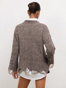 Maija Holiday Urban Brown Autumn/Winter Women's Sweater With Round Neck, Sequin Decoration And Asymmetrical Hem - Brown - View 6