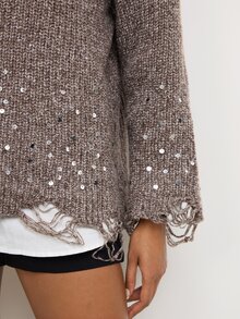 Maija Holiday Urban Brown Autumn/Winter Women's Sweater With Round Neck, Sequin Decoration And Asymmetrical Hem - Brown - View 2
