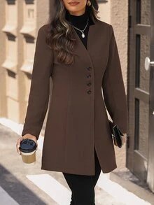 Omancia Women's Casual Vacation Valentine's Day Small Stand Collar Wool Blend Slim Fit Jacket - Brown - View 4