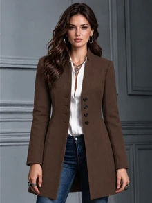 Omancia Women's Casual Vacation Valentine's Day Small Stand Collar Wool Blend Slim Fit Jacket - Brown - View 1