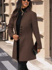 Omancia Women's Casual Vacation Valentine's Day Small Stand Collar Wool Blend Slim Fit Jacket - Brown - View 3