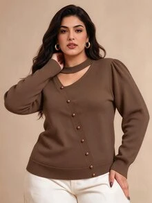 Juhart Plus Size Women Solid Color Asymmetric Cutout Design Long Sleeve Button Detail Pullover Sweater Office Business Brown Fall Elegant Casual Winter - Brown - View 4