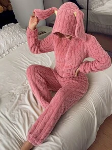 SHEIN Soft Cute Animal Shaped Long Ear Hooded Plush Soft Cozy One-Piece Pajamas Fluffy Comfortable Winter Style - Pink - View 6