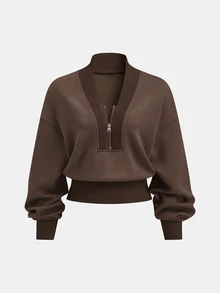 Olithes Half Zip Drop Shoulder Crop Sweatshirt - Brown - View 3