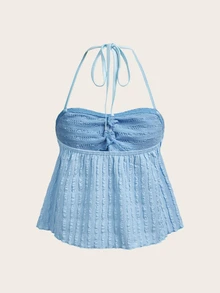 Olithes Blue Vacation Style Textured Halter Neck Tank Top - Baby Blue - View 2