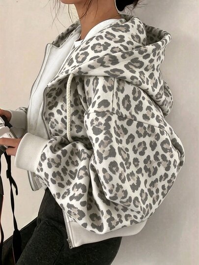 SHEIN x Carly Lawrence INAWLY Women's Leopard Print Casual Versatile Daily Wear Hooded Sweatshirt