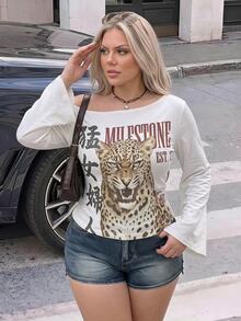 SHEIN ICON Plus Size Asymmetrical Shoulder Vintage Loose Fit T-Shirt, Tiger Print, Y2K Style, Suitable For Daily Commute, Dating, Party, Autumn/Winter/Spring/Summer - Multicolor - View 10