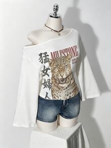 SHEIN ICON Plus Size Asymmetrical Shoulder Vintage Loose Fit T-Shirt, Tiger Print, Y2K Style, Suitable For Daily Commute, Dating, Party, Autumn/Winter/Spring/Summer - Multicolor - View 3