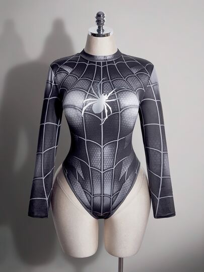 SHEIN ICON Body ajustado de manga larga y cuello redondo con estampado de araña para mujer talla grande, sexy, para invierno y Halloween