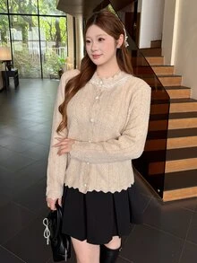 Bijouette 大尺碼女款蕾絲飾邊休閒浪漫優雅日常針織上衣 米色 秋季 適合辦公室與約會之夜 - 杏色 - 查看 5