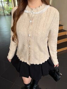 Bijouette 大尺碼女款蕾絲飾邊休閒浪漫優雅日常針織上衣 米色 秋季 適合辦公室與約會之夜 - 杏色 - 查看 3