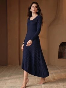 Anewsta Elegant Romantic Style Long Sleeve Women's Sweater Dress With Large Wavy Hem - Royal Blue - View 1