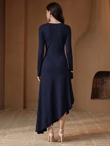 Anewsta Elegant Romantic Style Long Sleeve Women's Sweater Dress With Large Wavy Hem - Royal Blue - View 2