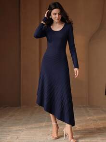 Anewsta Elegant Romantic Style Long Sleeve Women's Sweater Dress With Large Wavy Hem - Royal Blue - View 5