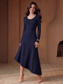 Anewsta Elegant Romantic Style Long Sleeve Women's Sweater Dress With Large Wavy Hem - Royal Blue - View 4
