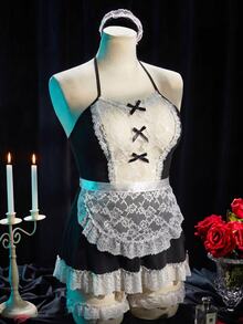 Dansine Plus-Size Women's Christmas Maid Backless Lace Role-Play Costume, Valentine's Day Party Outing Attire, Black Sexy And Glamorous Dress. - Black - View 4