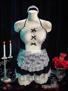 Dansine Plus-Size Women's Christmas Maid Backless Lace Role-Play Costume, Valentine's Day Party Outing Attire, Black Sexy And Glamorous Dress. - Black - View 3