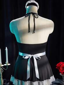 Dansine Plus-Size Women's Christmas Maid Backless Lace Role-Play Costume, Valentine's Day Party Outing Attire, Black Sexy And Glamorous Dress. - Black - View 2