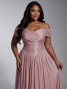 Elitara Plus Size Elegant Formal Dusty Pink Shiny Organza Ruched Cold Shoulder Hanging Sleeve A-Line Party Evening Bridesmaid Bridal Dress Wedding Guest Fall - Dusty Pink - View 6