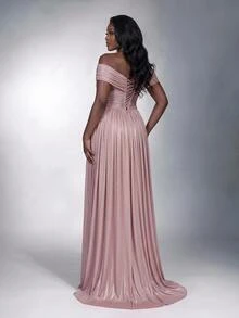 Elitara Plus Size Elegant Formal Dusty Pink Shiny Organza Ruched Cold Shoulder Hanging Sleeve A-Line Party Evening Bridesmaid Bridal Dress Wedding Guest Fall - Dusty Pink - View 3
