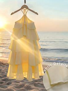 Seusyu Omen Elegant Short Dress Summer Romantic Gentle Light Yellow Halter Neck Tie Up Cake Dress Tiered Ruffled Layered Dress For Beach Vacation Travel - Yellow - View 8