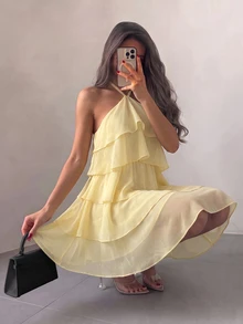 Seusyu Omen Elegant Short Dress Summer Romantic Gentle Light Yellow Halter Neck Tie Up Cake Dress Tiered Ruffled Layered Dress For Beach Vacation Travel - Yellow - View 7