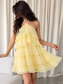 Seusyu Omen Elegant Short Dress Summer Romantic Gentle Light Yellow Halter Neck Tie Up Cake Dress Tiered Ruffled Layered Dress For Beach Vacation Travel - Yellow - View 2