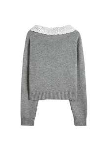 Elamini Women's Gray Casual Versatile Sweet Preppy Style Daily Commute Pullover Sweater With Turn-Down Collar, Autumn/Winter - Grey - View 2