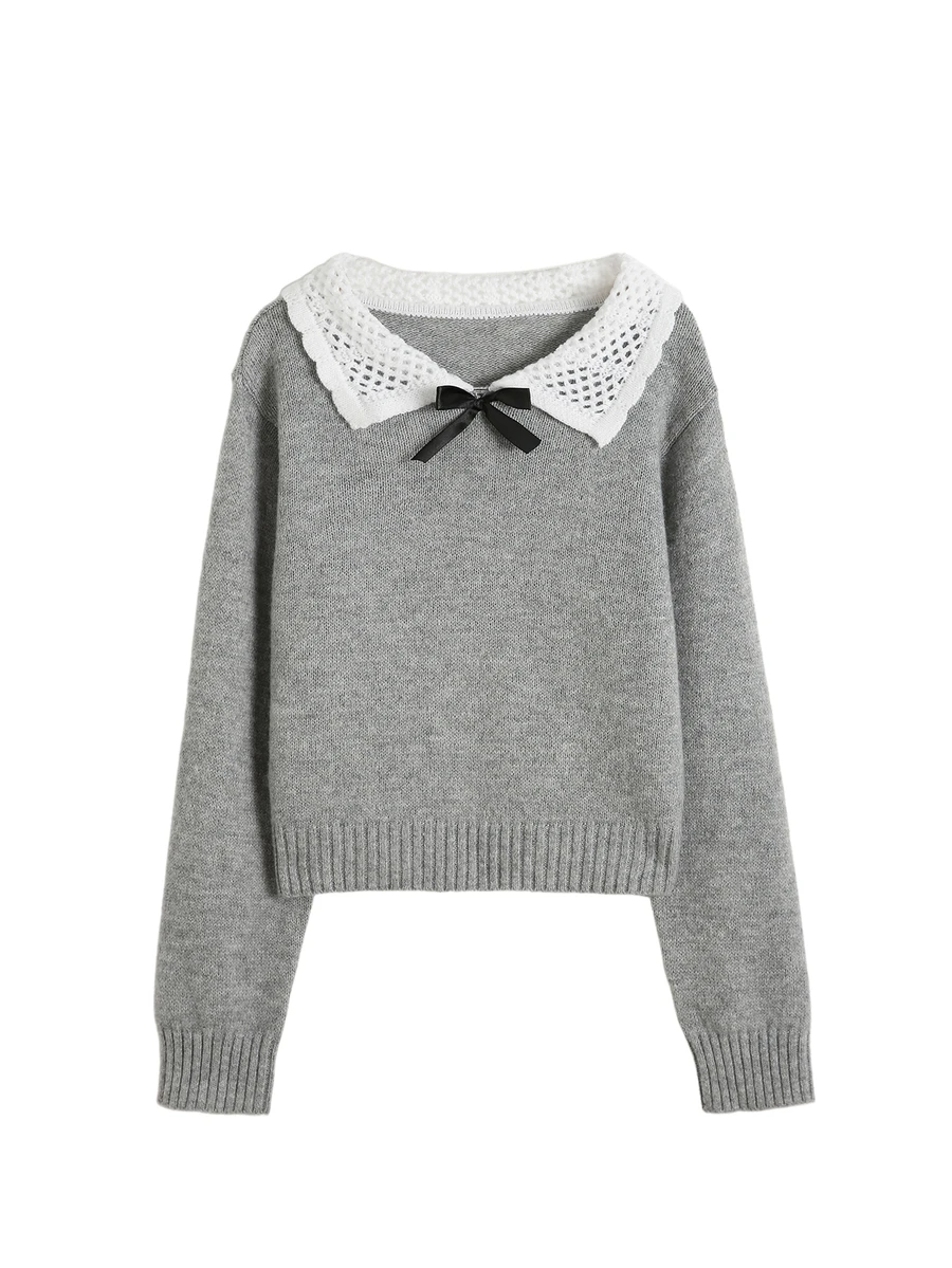 Elamini Women's Gray Casual Versatile Sweet Preppy Style Daily Commute Pullover Sweater With Turn-Down Collar, Autumn/Winter - Grey - View 1