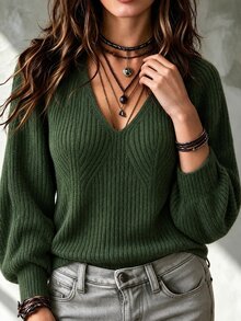 EMERY ROSE Plus Size Women's V-Neck Flare Sleeve Fashion Versatile Pullover Sweater Top - Dark Green - View 3