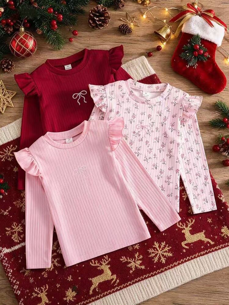 SHEIN Girls' Ditsy Floral Light Pink, Lotus Pink, Dark Red Bow Print Flutter Sleeve Three-Color Top, Simple Cute Sweet, Suitable For Indoor And Outdoor, Suitable For All Seasons - Multicolor - View 3