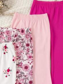 SHEIN 4件組女嬰喇叭褲，純色+碎花長褲組合，玫瑰粉色，春秋休閒女嬰服飾 - 彩色 - 查看 8