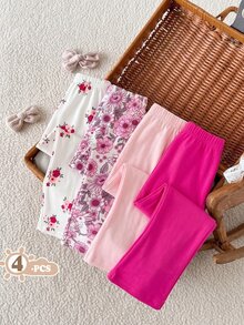 SHEIN 4件組女嬰喇叭褲，純色+碎花長褲組合，玫瑰粉色，春秋休閒女嬰服飾 - 彩色 - 查看 5