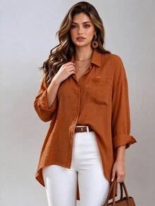 Franclia Plus Size Women's Solid Color High-Low Hem Collared Casual Baggy Shirt, Simple Elegant Fall Thanksgiving Office Party Brown - Coral Orange - View 3