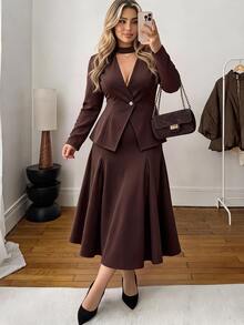 Elenzga Plus Choker Neck Single Button Top Mermaid Hem Skirt Set Fall Office Cocktail Party Formal Dinner Morning Brown Elegant Business Casual - Brown - View 1