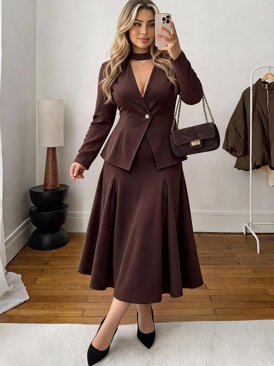 Elenzga Plus Choker Neck Single Button Top Mermaid Hem Skirt Set Fall Office Cocktail Party Formal Dinner Morning Brown Elegant Business Casual - Brown - View 1