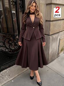 Elenzga Plus Choker Neck Single Button Top Mermaid Hem Skirt Set Fall Office Cocktail Party Formal Dinner Morning Brown Elegant Business Casual - Brown - View 6