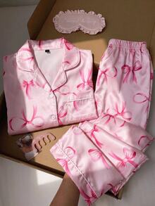 Tween Girls Pajamas Bow Printed Long Sleeve Lapel Modal Button 2pcs Set Floral Pocket Pants Fall Autumn/Winter Soft Cozy Cute Loungewear Nightwear - Hot Pink - View 1
