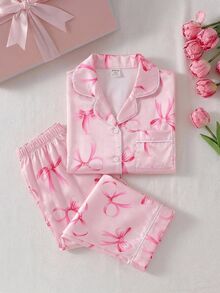 Tween Girls Pajamas Bow Printed Long Sleeve Lapel Modal Button 2pcs Set Floral Pocket Pants Fall Autumn/Winter Soft Cozy Cute Loungewear Nightwear - Hot Pink - View 10