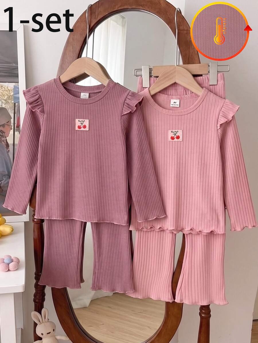 1 Set Girls Toddler Round Neck Long Sleeve & Long Pants Light Pink Charming Cherry Patch Lettuce Edge Soft Ribbed Knit Casual Autumn/Winter Underwear - Pink - View 1