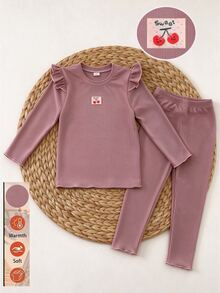 1 Set Girls Toddler Round Neck Long Sleeve & Long Pants Light Pink Charming Cherry Patch Lettuce Edge Soft Ribbed Knit Casual Autumn/Winter Underwear - Pink - View 5