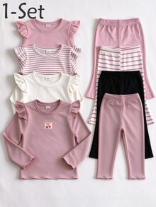 1 Set Girls Toddler Round Neck Long Sleeve & Long Pants Light Pink Charming Cherry Patch Lettuce Edge Soft Ribbed Knit Casual Autumn/Winter Underwear - Pink - View 7