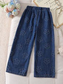 SHEIN 1 بنطلون جينز أزرق داكن غسيل واسع الساق للأطفال والبنات، فضفاض ومستقيم، مناسب للاستخدام اليومي والمدرسي والترفيهي. - أزرق داكن - مشاهدة 2