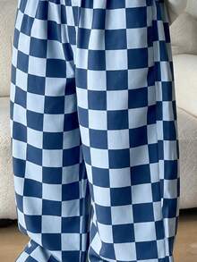 Autumn/Winter Boys' Long Pants, Multi-Color Checkerboard Print, Elastic Waist, Wide Leg, Checkerboard Trousers, Fresh Korean Style, Vintage Casual - Blue - View 4