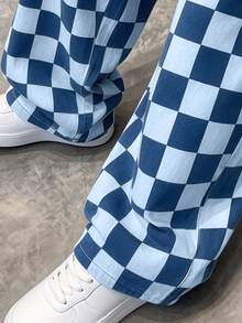 Autumn/Winter Boys' Long Pants, Multi-Color Checkerboard Print, Elastic Waist, Wide Leg, Checkerboard Trousers, Fresh Korean Style, Vintage Casual - Blue - View 5