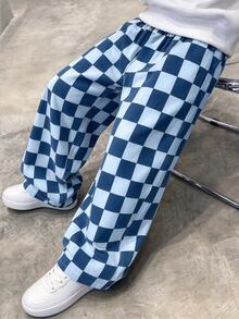 Autumn/Winter Boys' Long Pants, Multi-Color Checkerboard Print, Elastic Waist, Wide Leg, Checkerboard Trousers, Fresh Korean Style, Vintage Casual - Blue - View 3